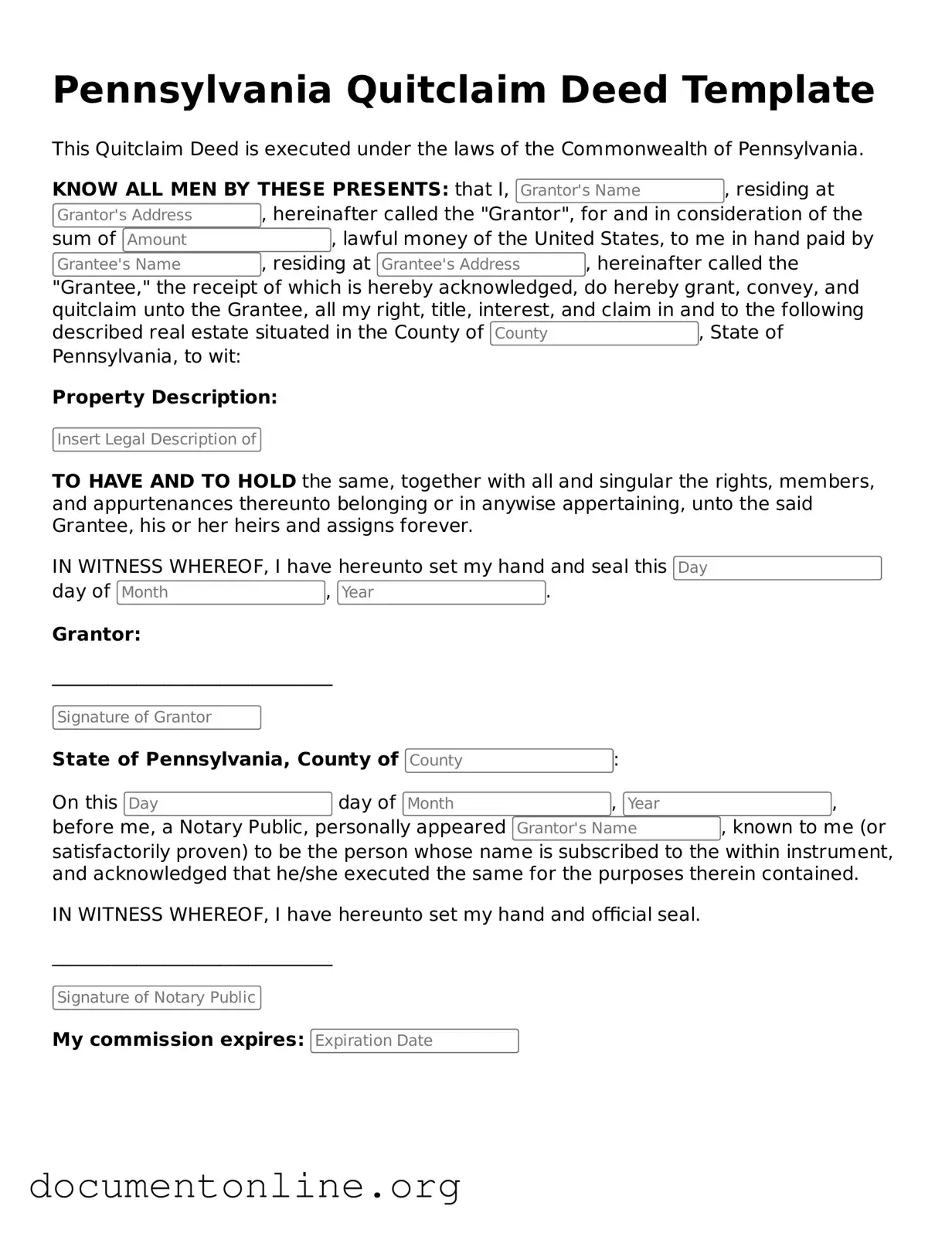 Free Quitclaim Deed Form for Pennsylvania State