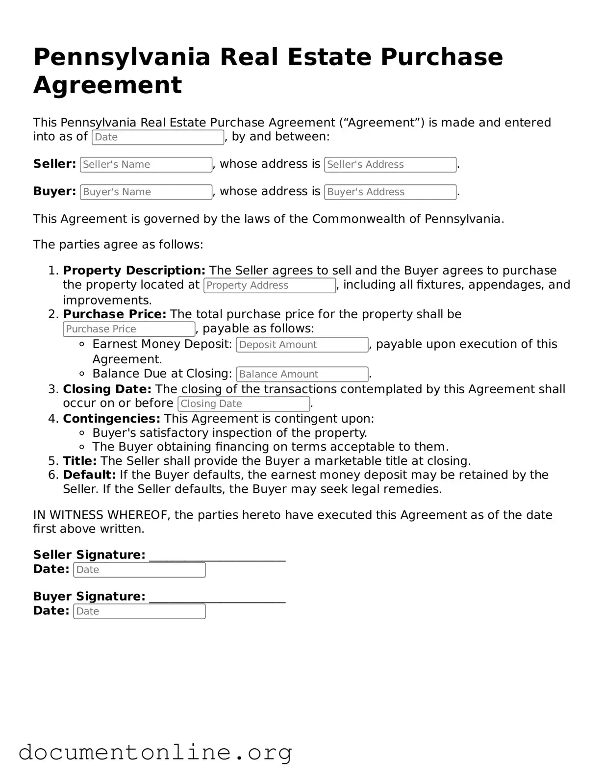 Free Real Estate Purchase Agreement Form for Pennsylvania State