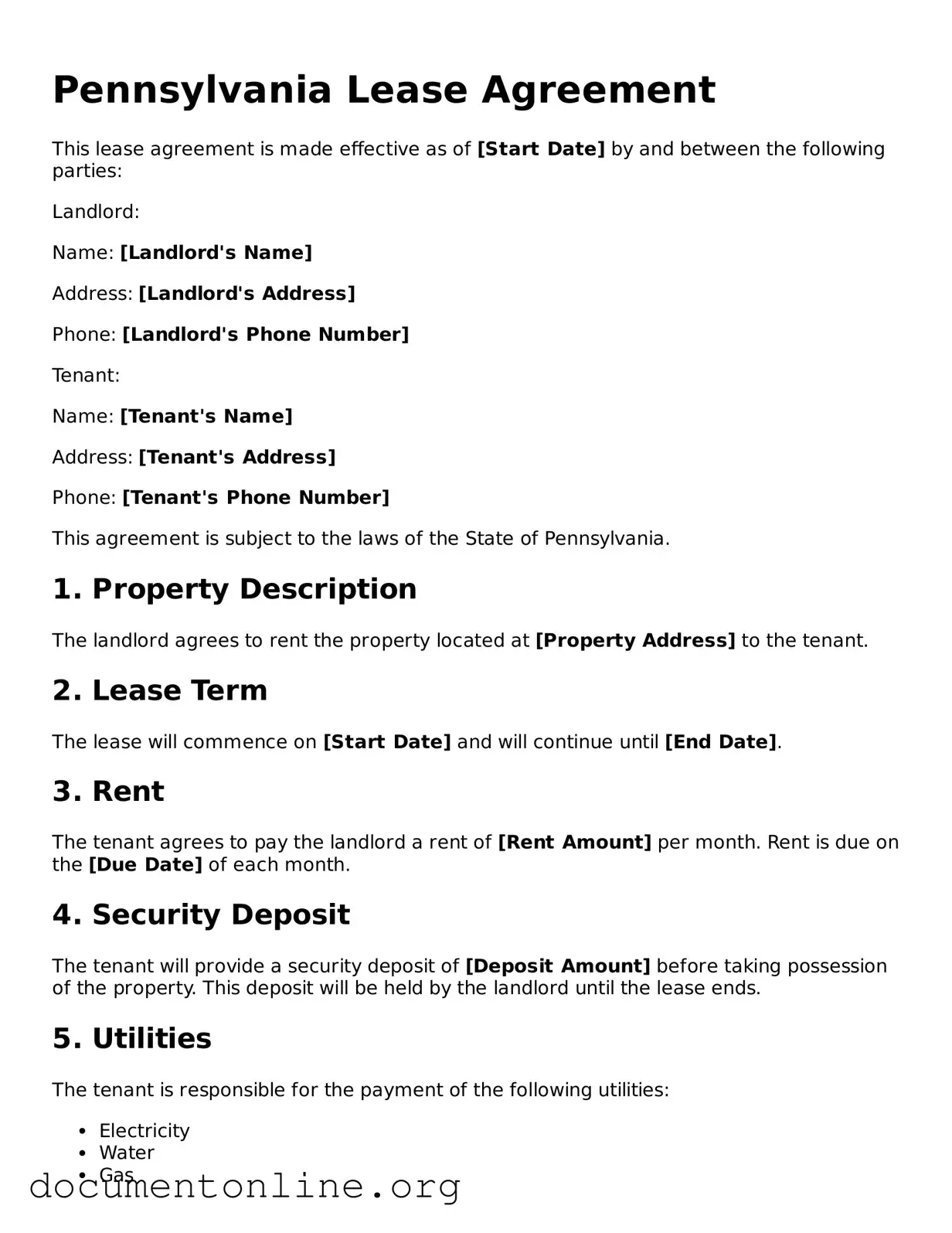 Free Lease Agreement Form for Pennsylvania State