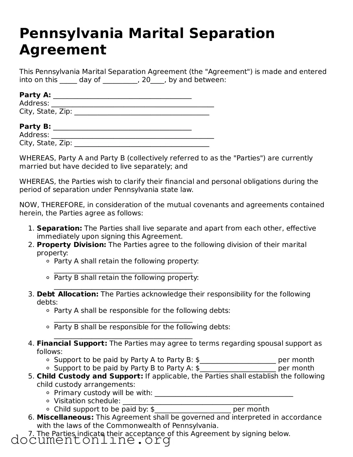 Free Marital Separation Agreement Form for Pennsylvania State