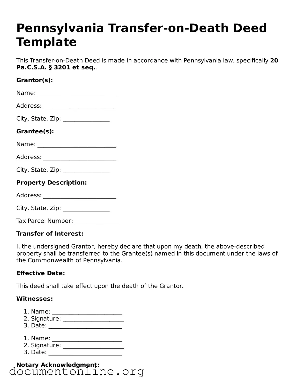 Free Transfer-on-Death Deed Form for Pennsylvania State