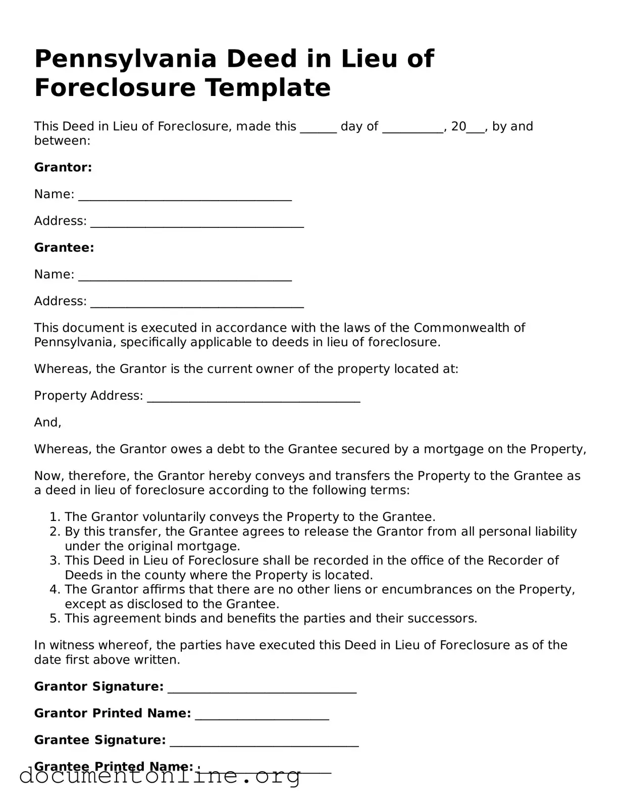 Free Deed in Lieu of Foreclosure Form for Pennsylvania State