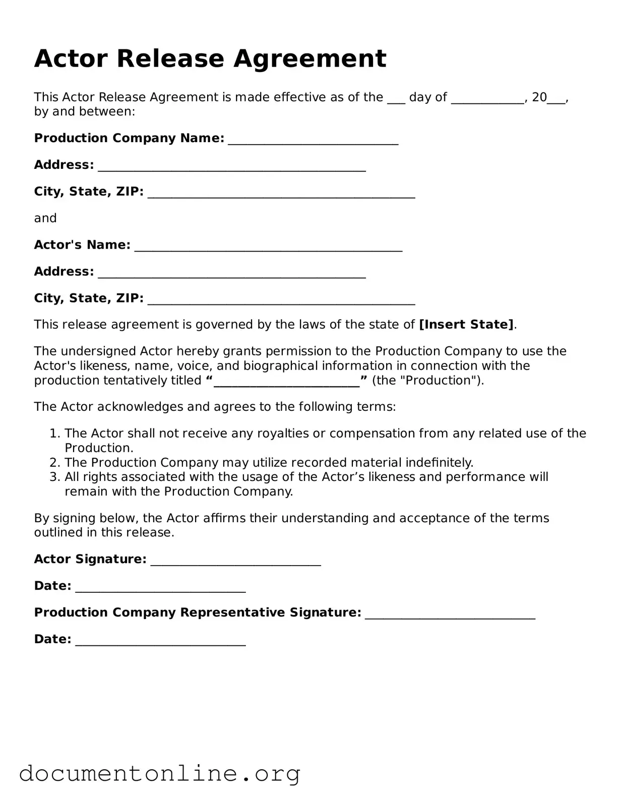 Free Actor Release Form