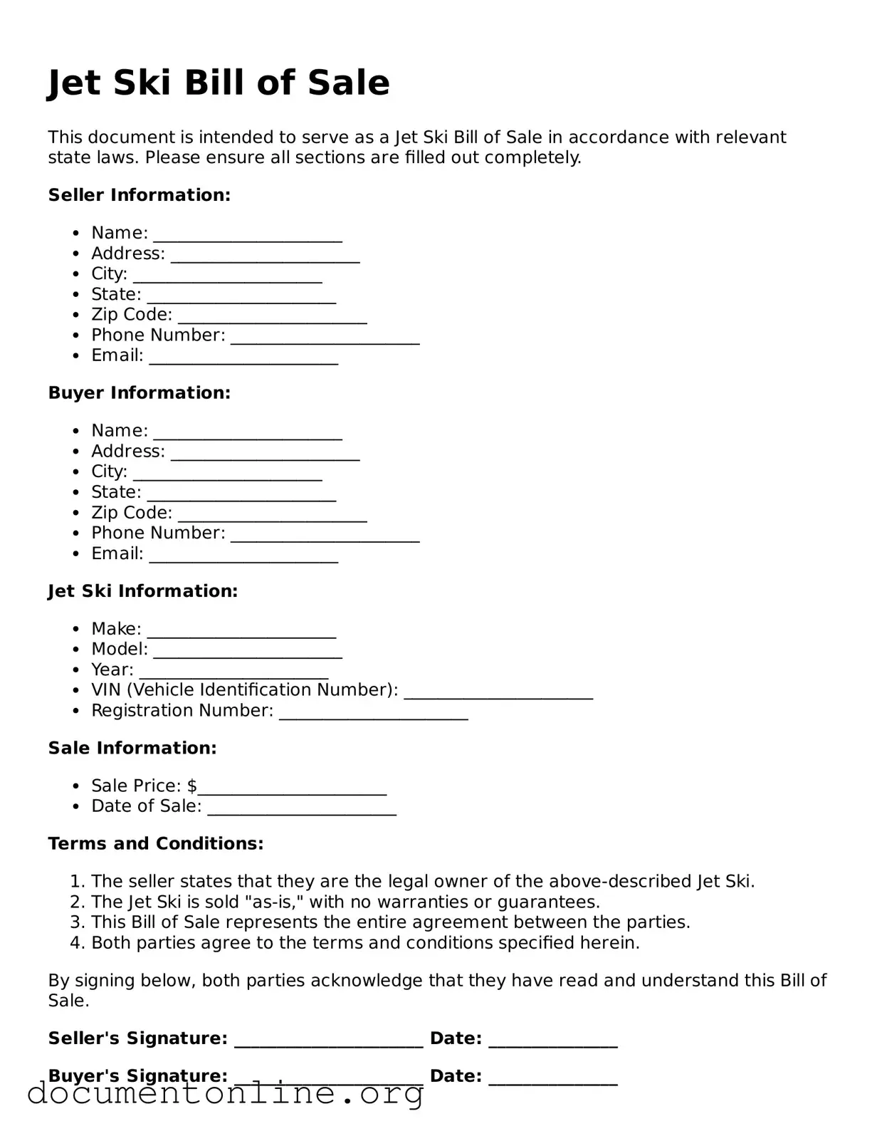 Free Jet Ski Bill of Sale Form