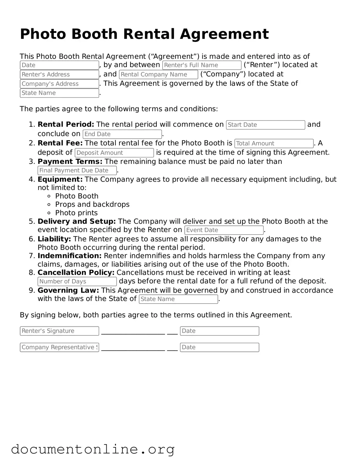 Free Photo Booth Rental Agreement Form