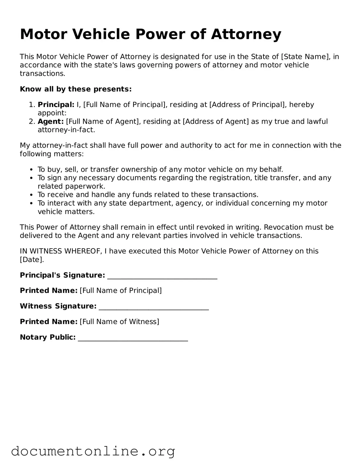 Free Motor Vehicle Power of Attorney Form