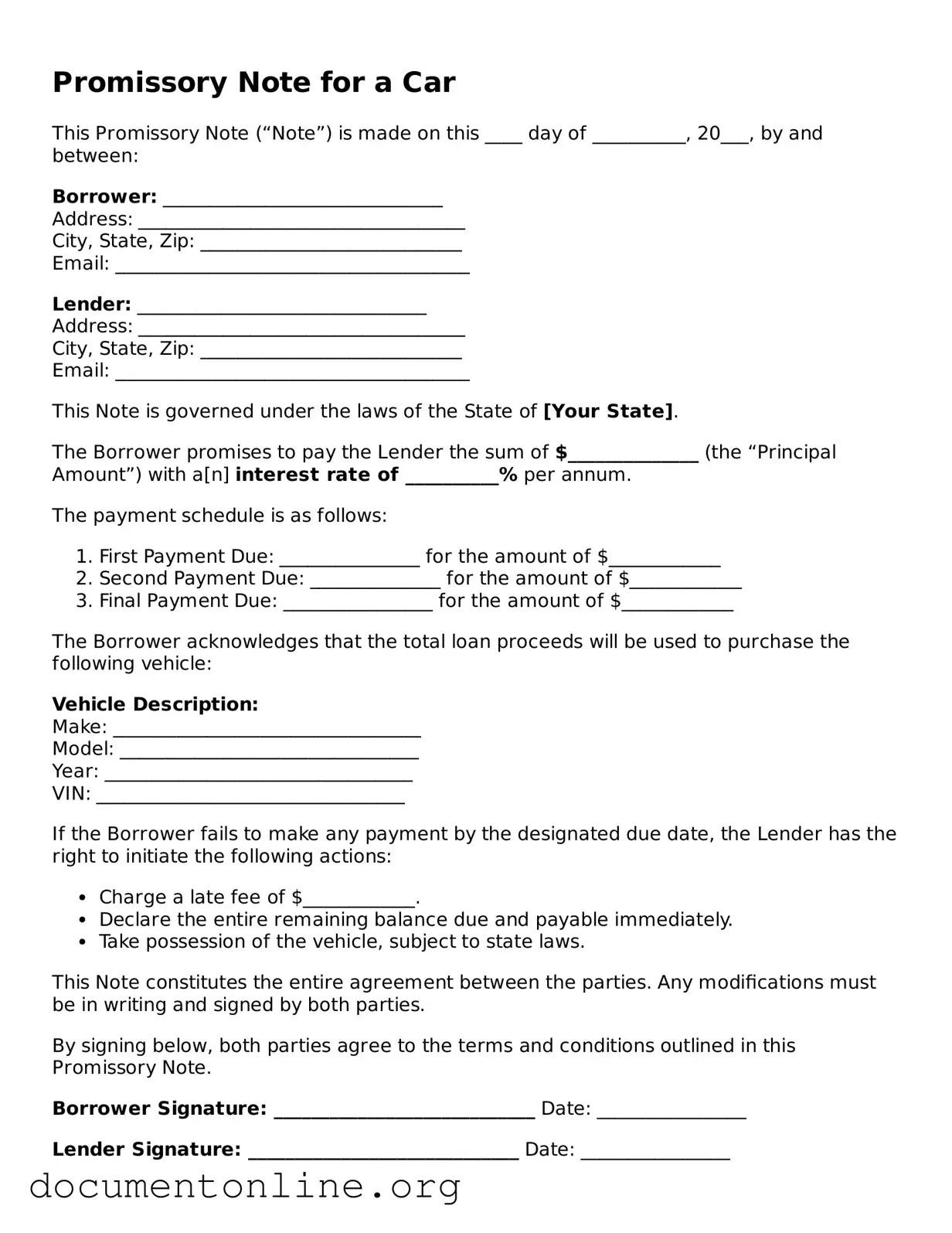 Free Promissory Note for a Car Form