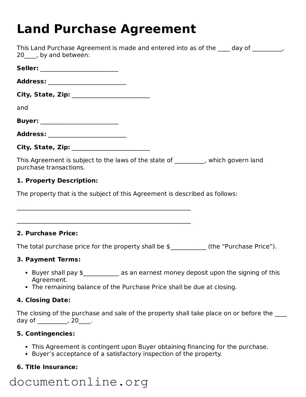 Free Land Purchase Agreement Form