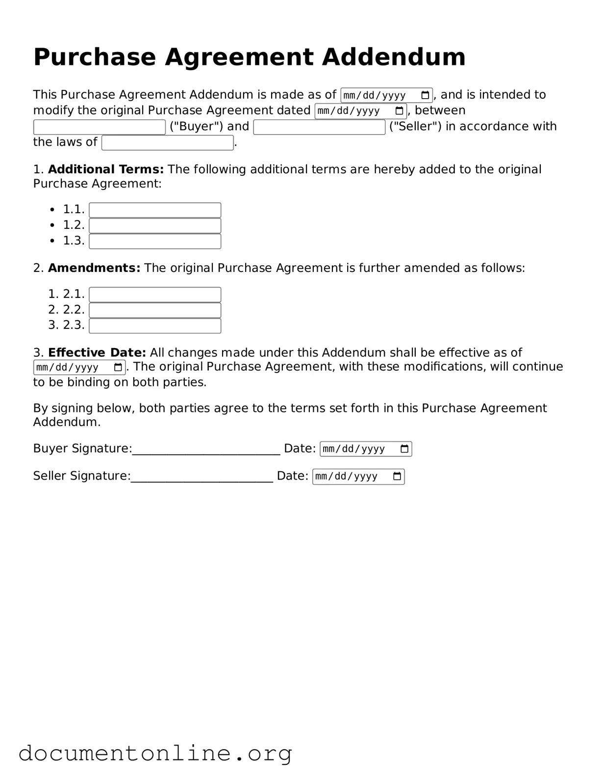 Free Purchase Agreement Addendum Form