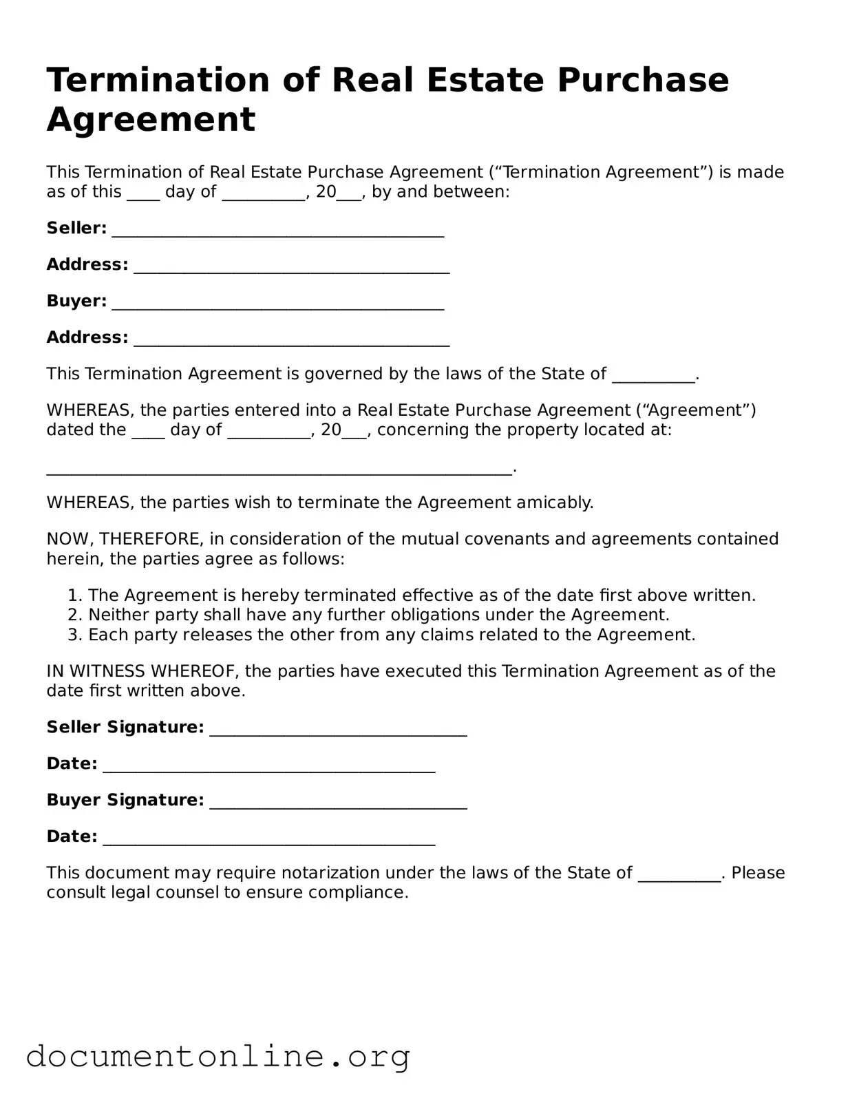 Free Termination of Real Estate Purchase Agreement Form