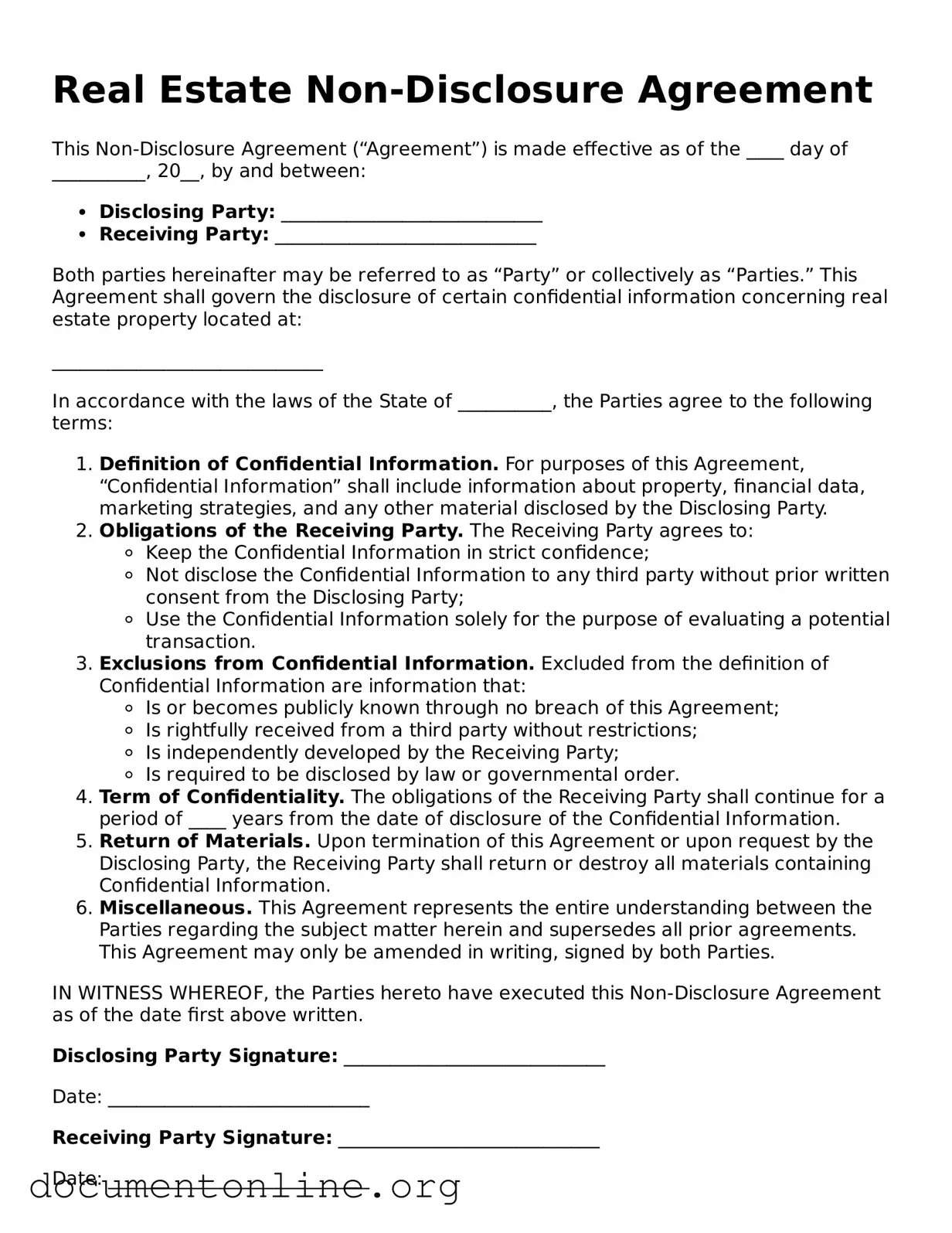 Free Real Estate Non-Disclosure Agreement Form