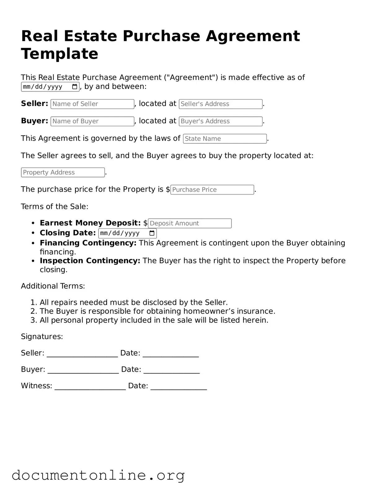 Free Real Estate Purchase Agreement Form