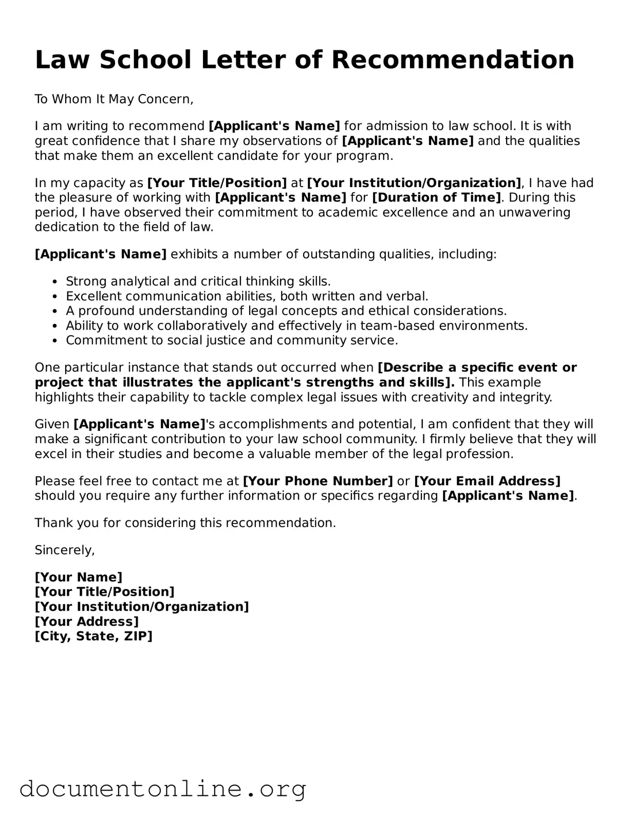 Free Law School Letter of Recommendation Form
