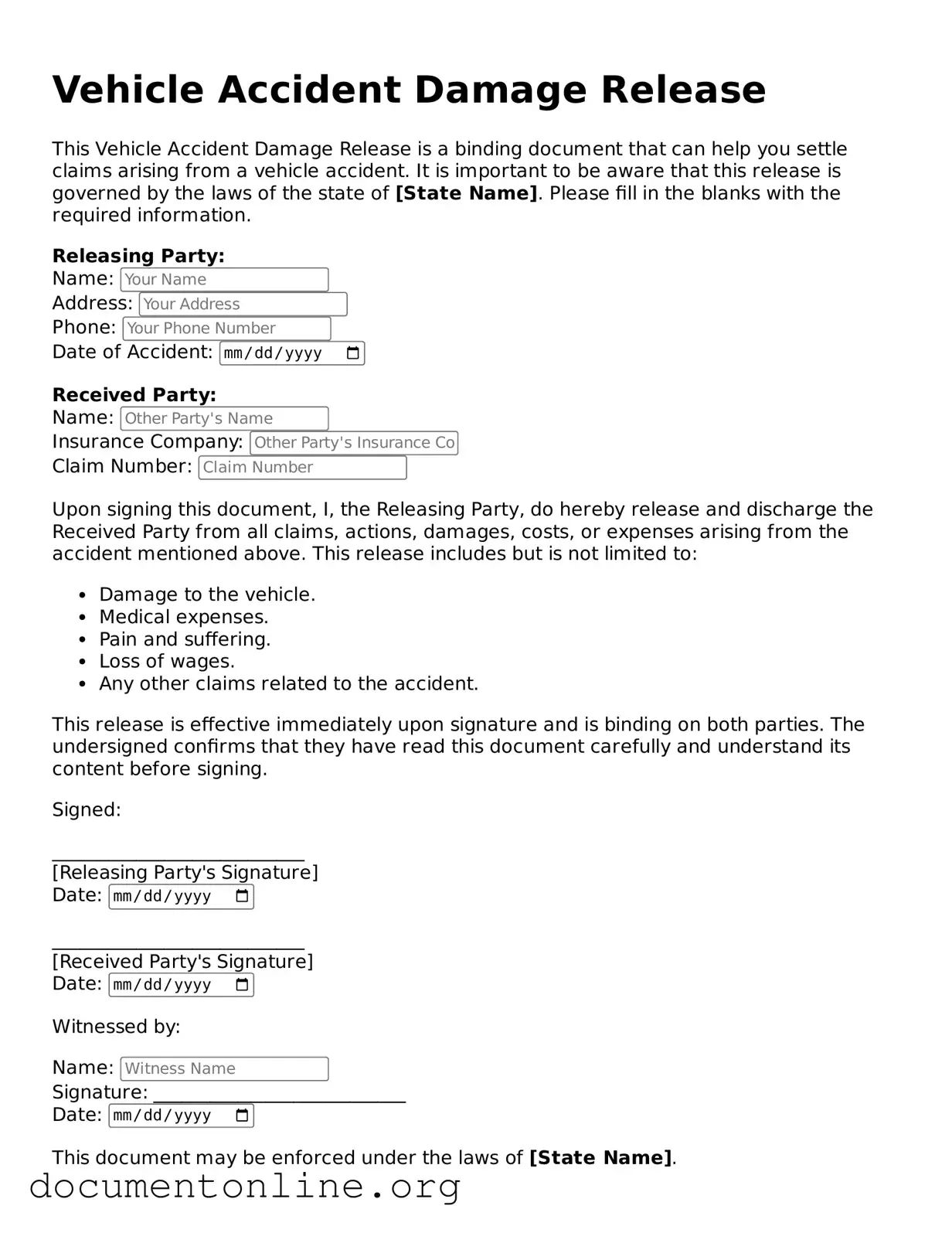Free Vehicle Accident Damage Release Form