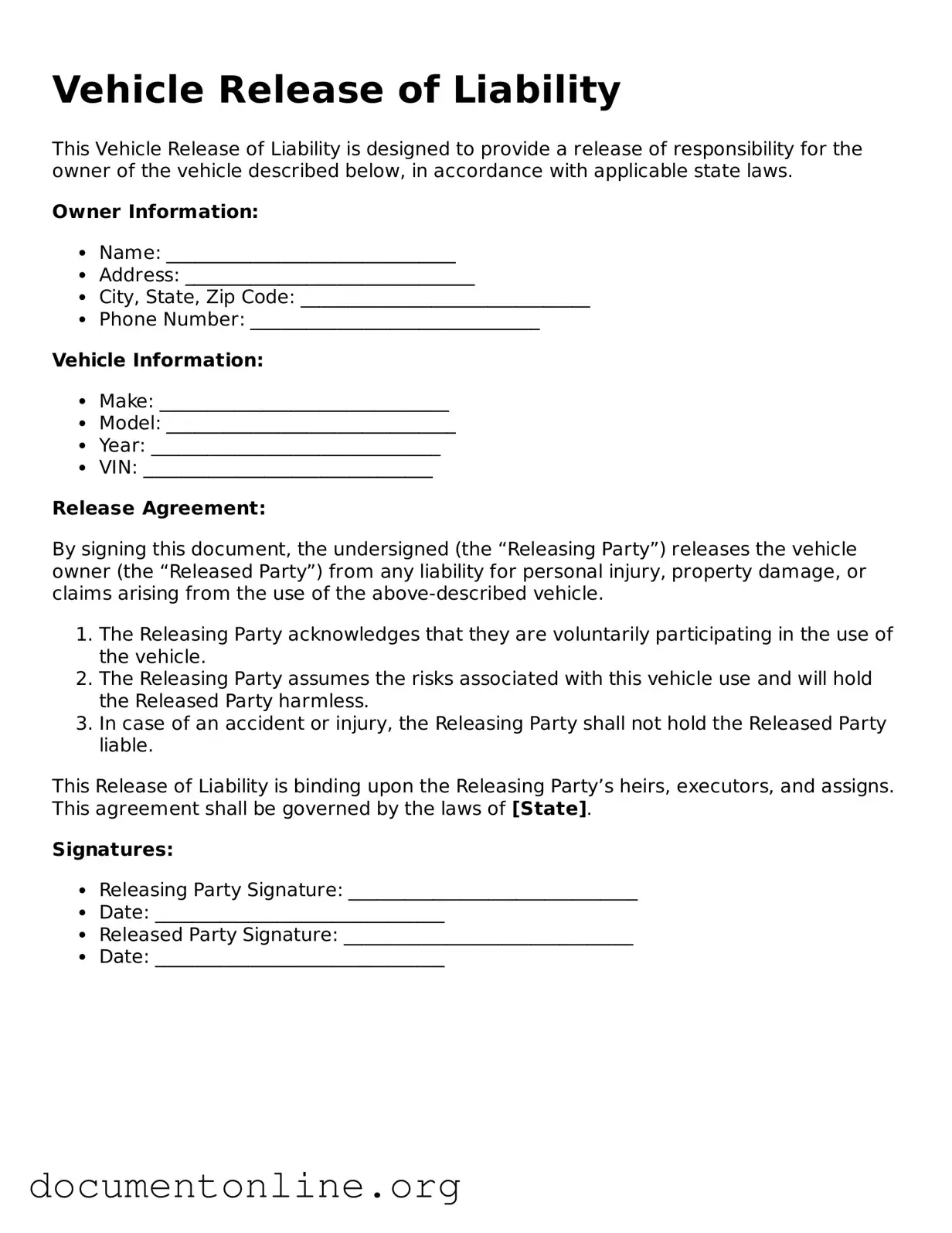 Free Vehicle Release of Liability Form