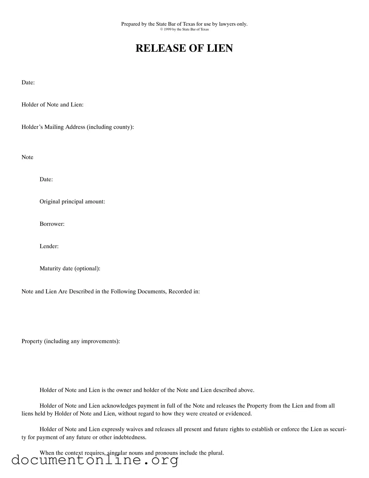 Free Release Of Lien Texas Template