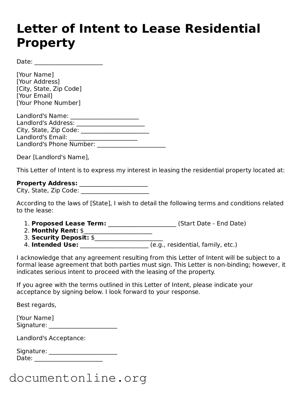 Free Letter of Intent to Lease Residential Property Form