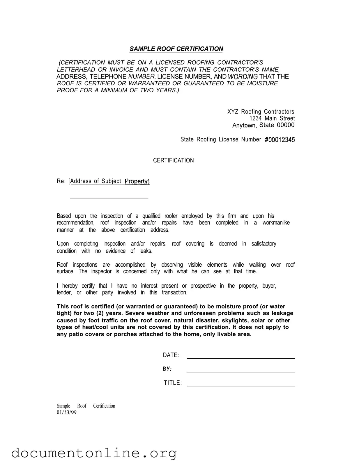Free Sample Roof Certification Template