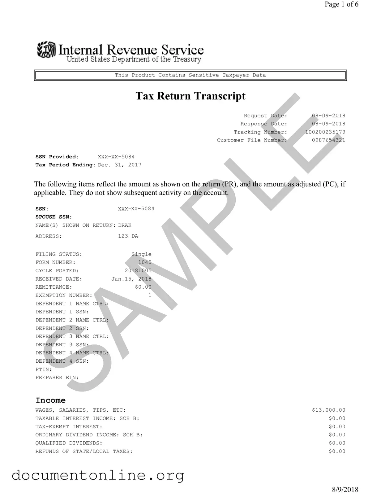 Free Sample Tax Return Transcript Template