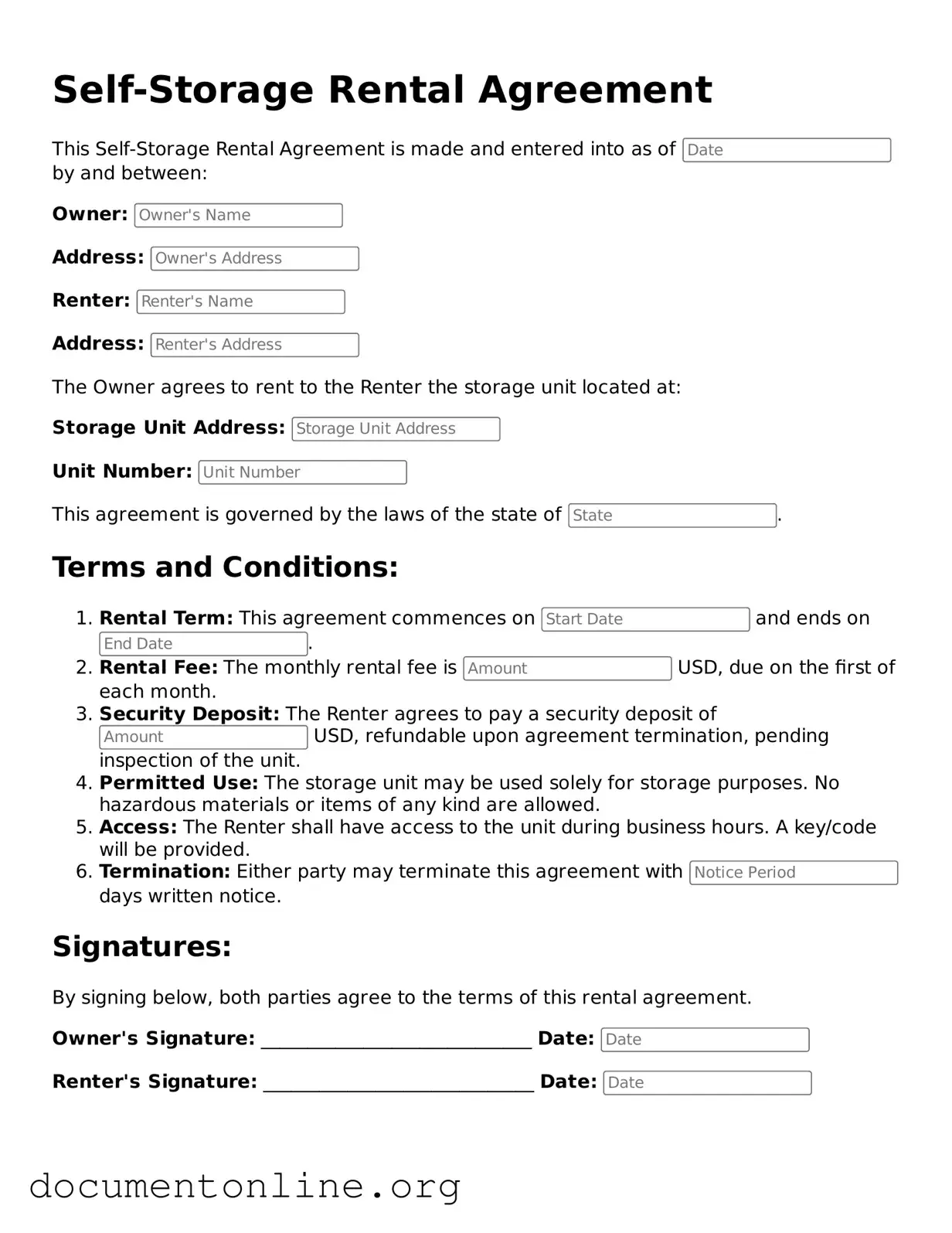Free Self-Storage Rental Agreement Form