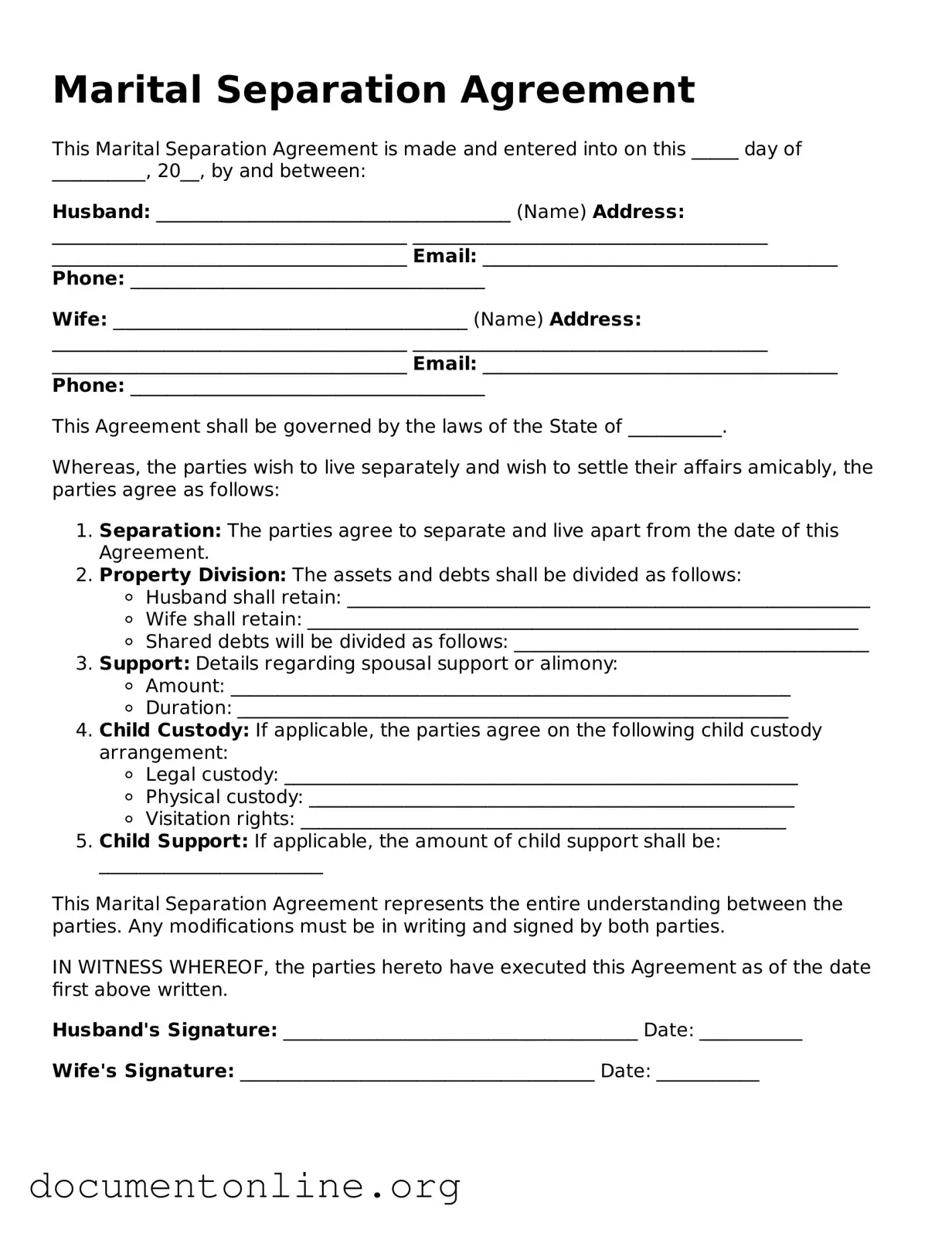 Free Marital Separation Agreement Form
