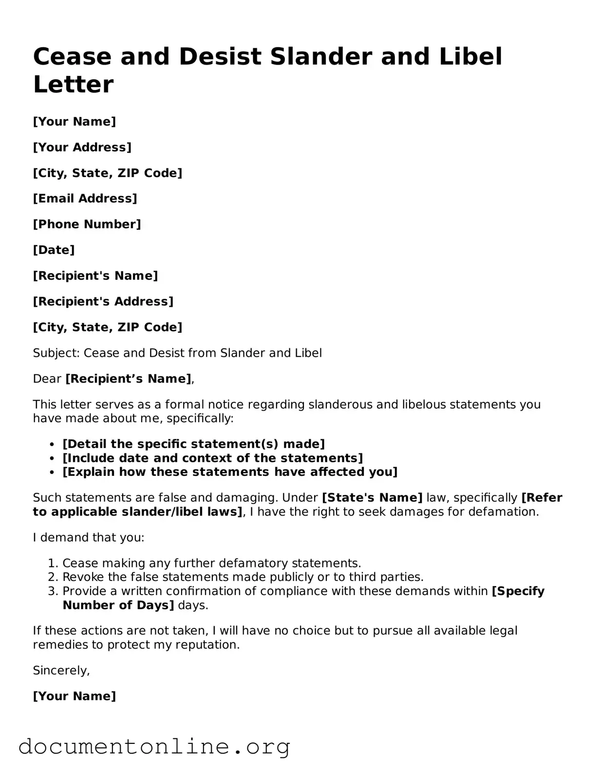 Free Cease and Desist Slander and Libel Letter Form