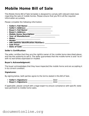Free Mobile Home Bill of Sale Form