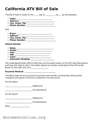 Free ATV Bill of Sale Form for California State