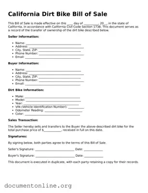 Free Dirt Bike Bill of Sale Form for California State