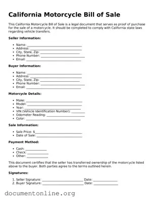 Free Motorcycle Bill of Sale Form for California State