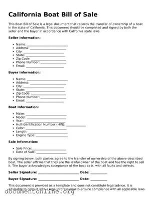 Free Boat Bill of Sale Form for California State
