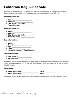 Free Dog Bill of Sale Form for California State