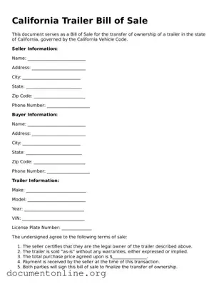 Free Trailer Bill of Sale Form for California State