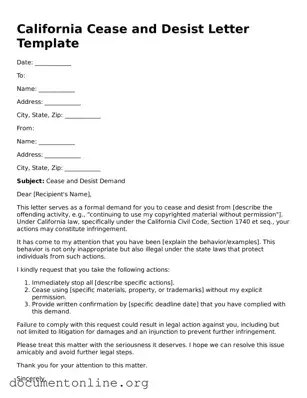 Free Cease and Desist Letter Form for California State