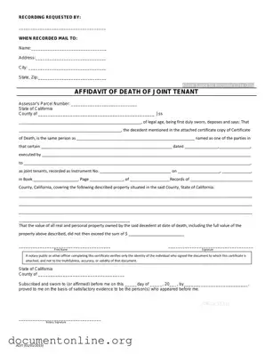 Free California Death of a Joint Tenant Affidavit Template