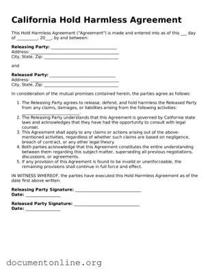 Free Hold Harmless Agreement Form for California State