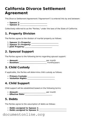 Free Divorce Settlement Agreement Form for California State