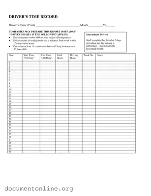 Free Driver Time Record Template