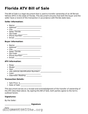 Free ATV Bill of Sale Form for Florida State