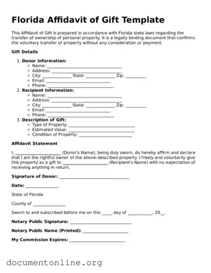 Free Affidavit of Gift Form for Florida State