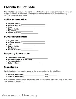 Free Bill of Sale Form for Florida State