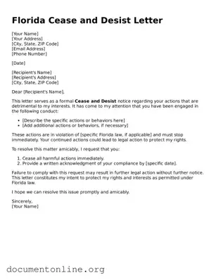 Free Cease and Desist Letter Form for Florida State