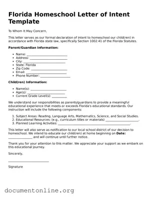 Free Homeschool Letter of Intent Form for Florida State