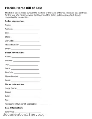 Free Horse Bill of Sale Form for Florida State