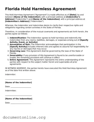 Free Hold Harmless Agreement Form for Florida State