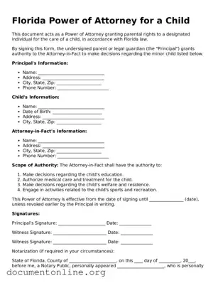 Free Power of Attorney for a Child Form for Florida State