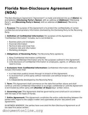 Free Non-disclosure Agreement Form for Florida State