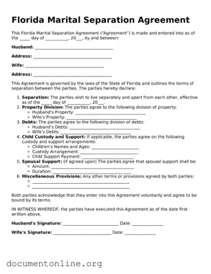 Free Marital Separation Agreement Form for Florida State