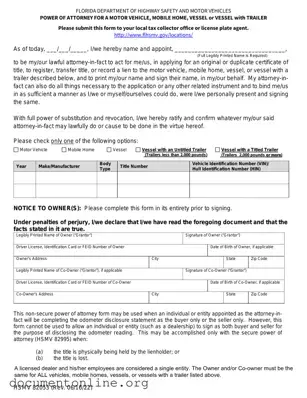Free Florida Vehicle POA form 82053 Template