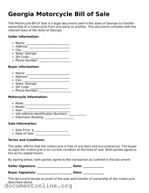 Free Motorcycle Bill of Sale Form for Georgia State